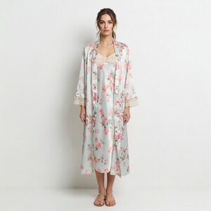 Vintage Morgan Taylor Floral Nightgown Robe Set Pink Green Lace S